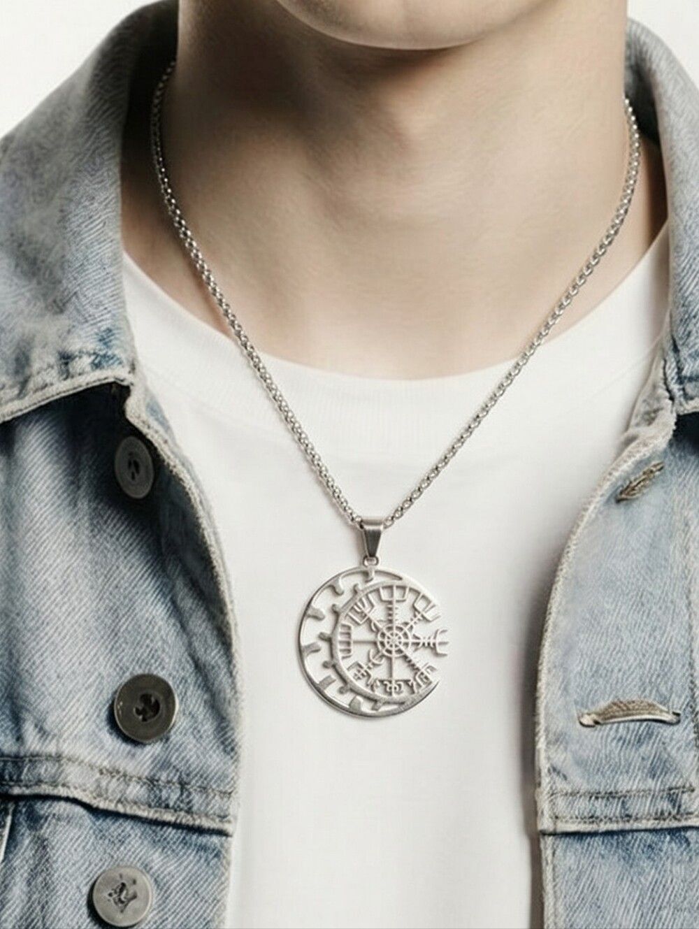 Vegvisir Viking Compass Necklace Crescent Moon Norse Rune Amulet 24” Silver Gift